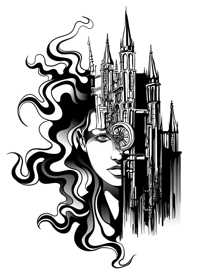 face of a beautiful woman merges with the architecture of the ol